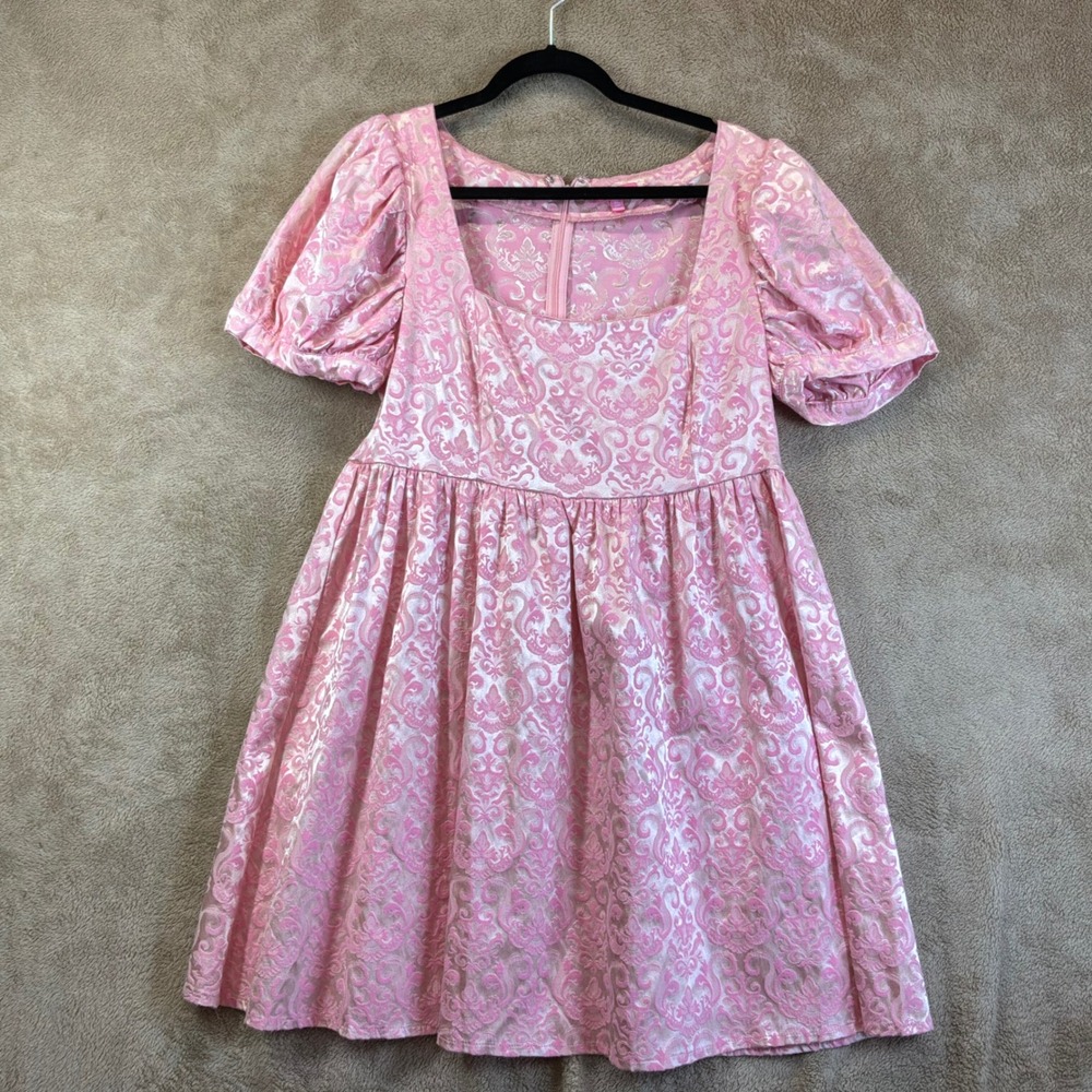 Sugar Thrillz XL Pink Jacquard Puff Sleeve‎ Mini Dress Babydoll EUC